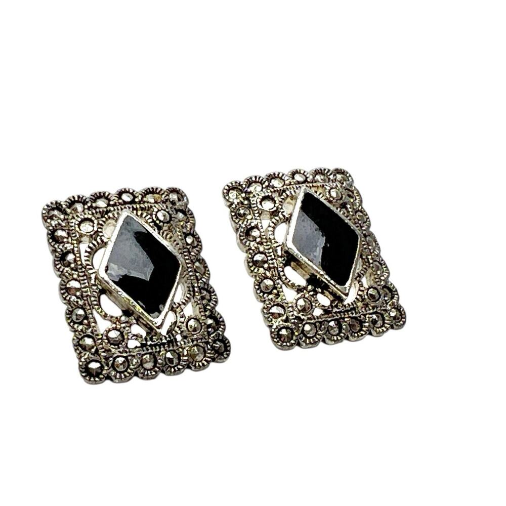 Faux Marcasite Pierced Earrings Silver Tone Filigree Black Stone Art Deco Style